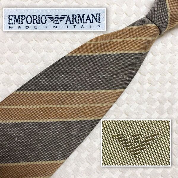 EMPORIO ARMANエンポリオアルマーニ ネクタイ レジメンタルストライプ シルク100% イタリア製 黄土色×ブラウン×グレー ビジネス