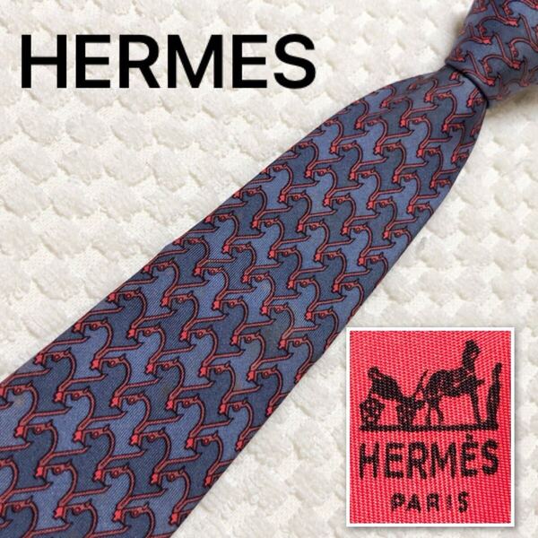 HERMES エルメス ネクタイ 馬の首 総柄 シルク100% フランス製 877 PA ブルーグレー ビジネス