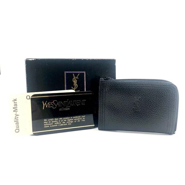 ■未使用同然■Yves saint Laurent イヴサンローラン YSL型押し コインケース ミニ財布 レザー ブラック カード、箱付き メンズ