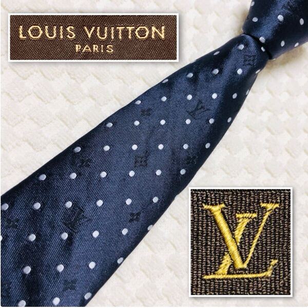 LOUIS VUITTON ルイヴィトン クラヴァット ネクタイ モノグラム シャドー ドット 総柄 シルク100% イタリア製 ネイビー