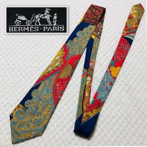 ■美品■HERMES エルメス ネクタイ スカーフ柄 花 羽根 装飾 総柄 シルク100% フランス製 マルチカラー 派手