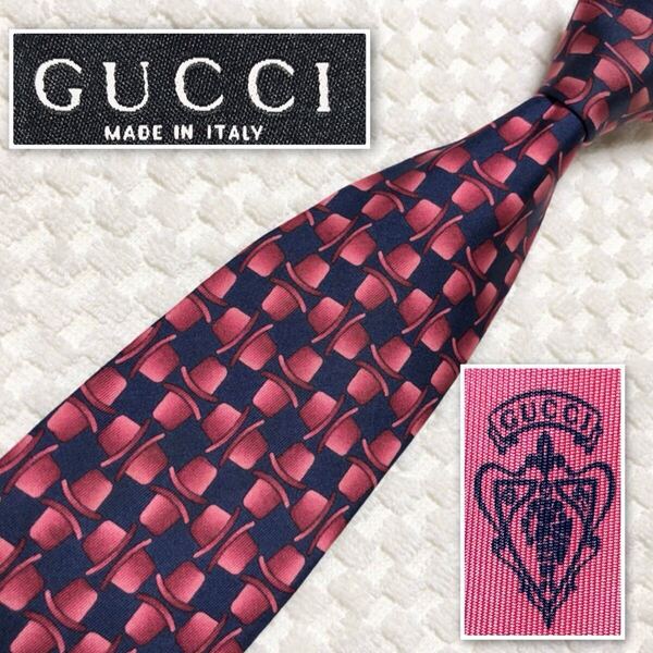 GUCCI グッチ ネクタイ ハット 総柄 シルク100% イタリア製 ネイビー×ピンク ビジネス