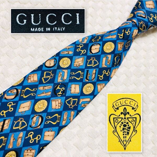 GUCCI グッチ ネクタイ アイコン 靴 鞄 ホースビット あぶみ 市松模様 総柄 シルク100% イタリア製 ブルー系 ビジネス