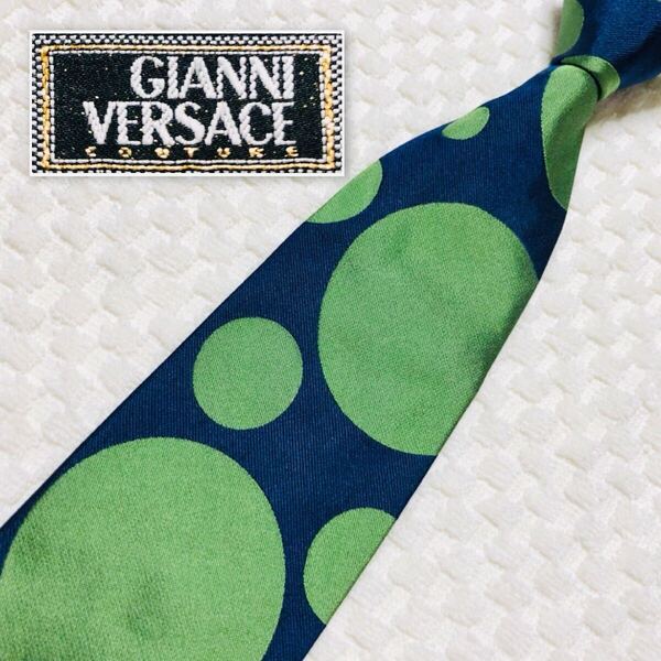 ■美品■GIANNI VERSACE ジャンニヴェルサーチ ネクタイ サークル 水玉 マーブル 総柄 シルク100% イタリア製 ネイビー×グリーン