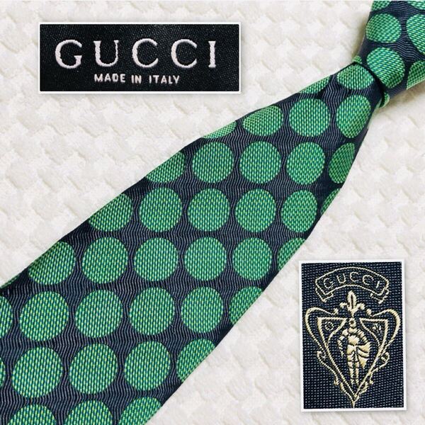 ■美品■GUCCI グッチ ネクタイ サークル 水玉 総柄 シルク100% イタリア製 グリーン×ブラック ビジネス