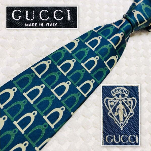 GUCCI グッチ ネクタイ あぶみ 総柄 シルク100% イタリア製 ブルー×グリーン×ベージュ ビジネス