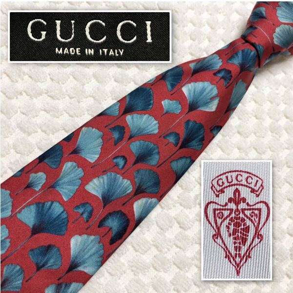 GUCCI グッチ ネクタイ イチョウ 総柄 シルク100% イタリア製 レッド×グレー ビジネス