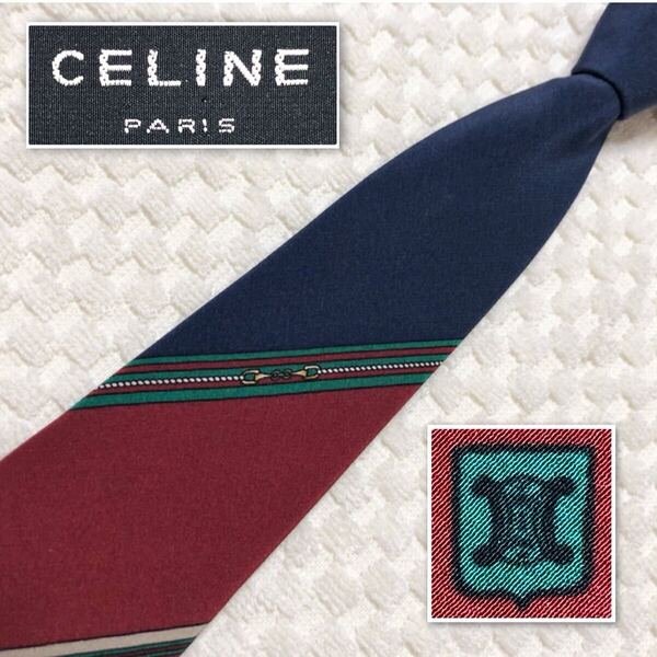 CELINE セリーヌ ネクタイ レジメンタルストライプ シルク100% スペイン製 ネイビー×ボルドー ビジネス