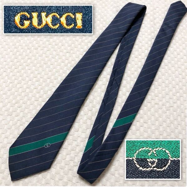 ■美品■GUCCI グッチ ネクタイ レジメンタルストライプ シルク×コットン イタリア製 ネイビー×グリーン ビジネス