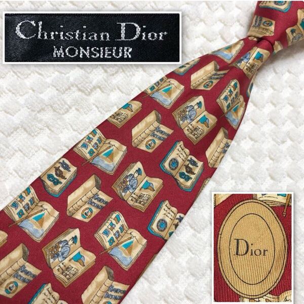 Christian Dior クリスチャンディオール ネクタイ 本 ブック 総柄 シルク100% レッド×ベージュ系 ビジネス