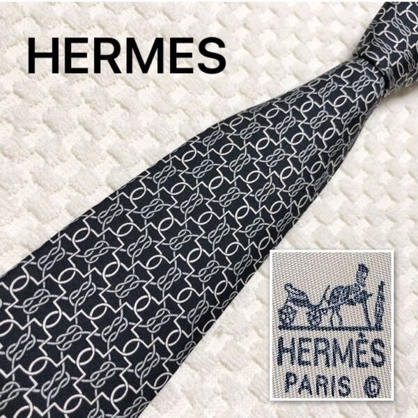 HERMES エルメス ネクタイ 金具 総柄 シルク100% フランス製 7670 TA ブラック ビジネス