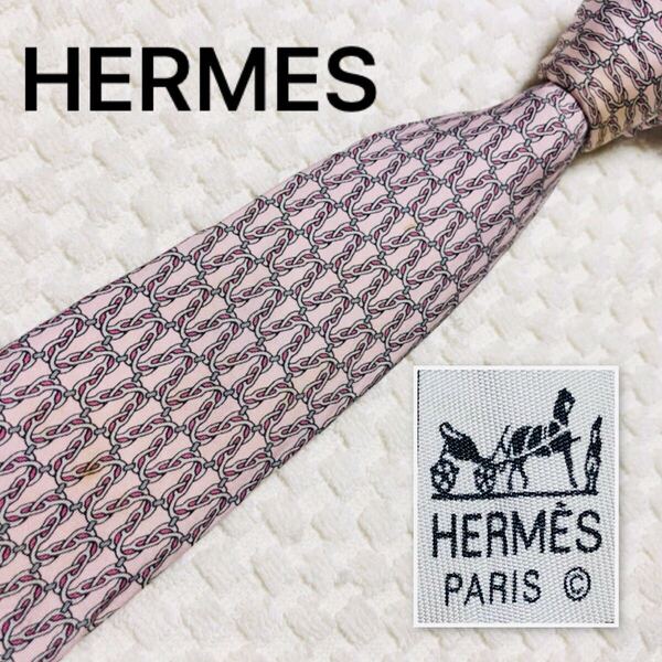 HERMES エルメス ネクタイ 金具 総柄 シルク100% フランス製 5482 FA ピンク系 ビジネス