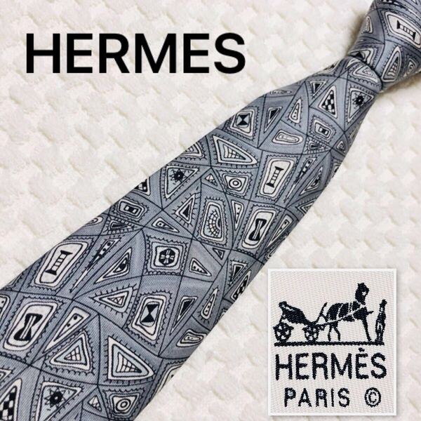 HERMES エルメス ネクタイ 現代美術風 総柄 シルク100% フランス製 7657 TA グレー ビジネス