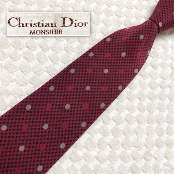 ■美品■Christian Dior クリスチャンディオール ネクタイ 千鳥格子×ドット 総柄 シルク100% えんじ ビジネス