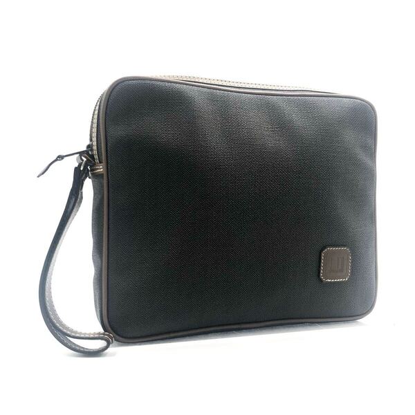 ■美品■dunhill ダンヒル セカンドバッグ クラッチバッグ PVC×レザー ダークグレー×ブラウン ロゴ ストラップ フランス製 メンズ