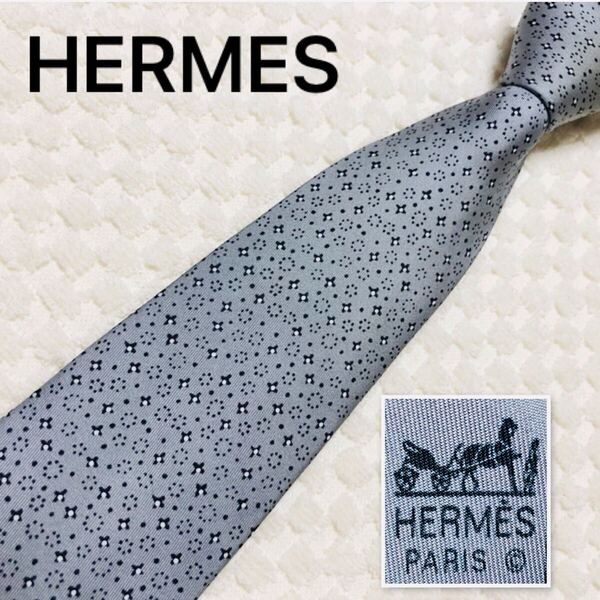 HERMES エルメス ネクタイ 花柄 ドット 総柄 シルク100% フランス製 7846 FA グレー×ネイビー ビジネス