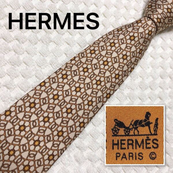 HERMES エルメス ネクタイ 網目状の金具 総柄 シルク100% フランス製 7707 OA ベージュ×ブラウン ビジネス