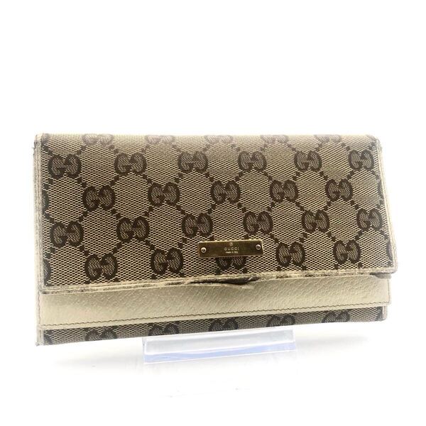 GUCCI グッチ GGキャンバス×レザー 二つ折り長財布 ベージュ×アイボリー ゴールド金具 ロゴプレート イタリア製 刻印あり