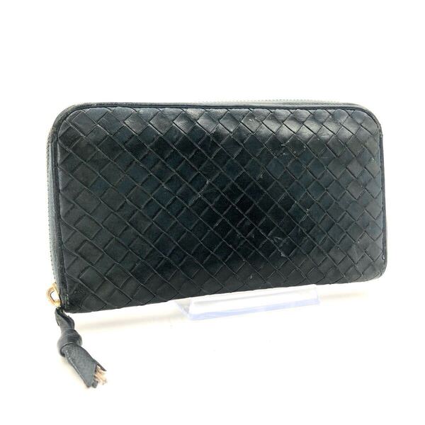 Bottega Veneta ボッテガヴェネタ イントレチャート ラウンドファスナー 長財布 レザー ダークネイビー イタリア製 布タグあり