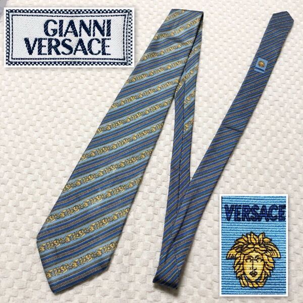 GIANNI VERSACE ジャンニヴェルサーチ ネクタイ レジメンタルストライプ ギリシア雷文 黄金装飾 シルク100% イタリア製
