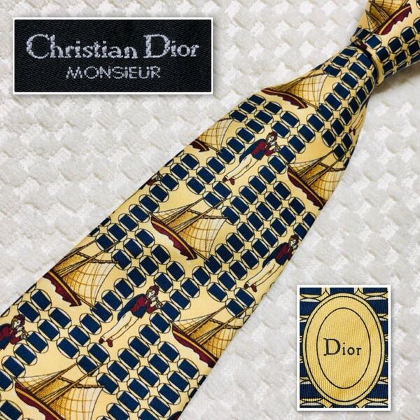 ■良品■Christian Dior クリスチャンディオール ネクタイ 帆船 楕円×長方形 ラッパを吹く人 総柄 シルク100% フランス製