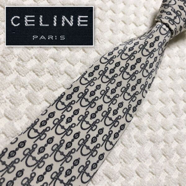 CELINE セリーヌ ネクタイ 金具 総柄 シルク100% スペイン製 ホワイト系アイボリー×グレー ビジネス