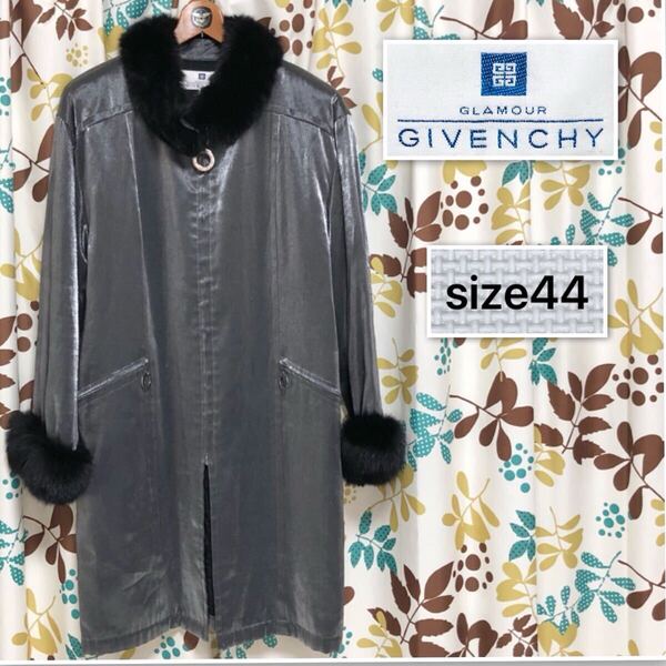 ■希少■良品■GIVENCHY ジバンシィ シルバーラメ 中綿ロングコート フォックスファー size44(2XL) 日本製 ポリエステル混レーヨン
