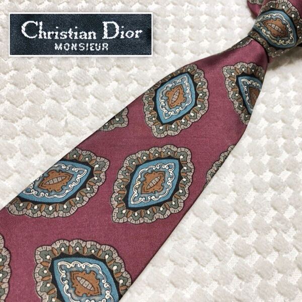 ■美品■Christian Dior クリスチャンディオール ネクタイ ジュエリー 総柄 シルク100% 米国製 ボルドー ビジネス