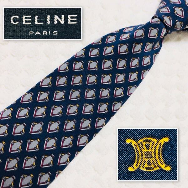 ■美品■CELINE セリーヌ ネクタイ 総柄 シルク100% スペイン製 ネイビー ビジネス