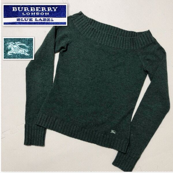 ■カシミヤ混■BURBERRY BLUE LABEL バーバリーブルーレーベル ウールニットセーター ホースマークロゴ刺しゅう size38(M) 三陽商会