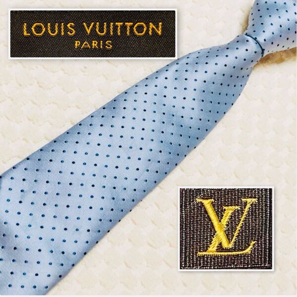 ■美品■LOUIS VUITTON ルイヴィトン クラヴァット ネクタイ シャドーモノグラム ドット 総柄 シルク100% イタリア製 ライトブルー