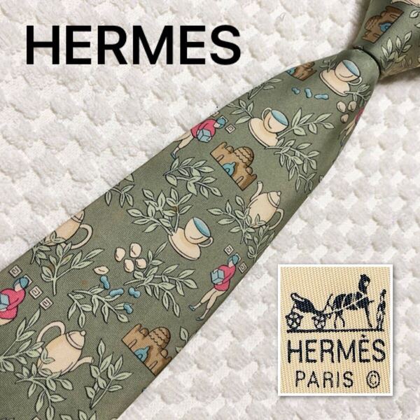 HERMES エルメス ネクタイ インド風 お茶文化 総柄 シルク100% フランス製 7501 IA グリーン系 ビジネス