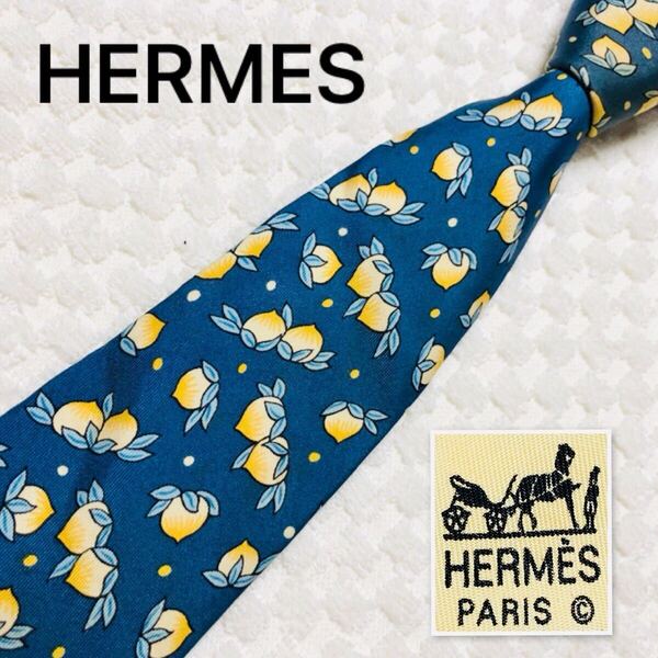 HERMES エルメス ネクタイ 桃 総柄 シルク100% フランス製 7534 IA ブルー×イエロー ビジネス