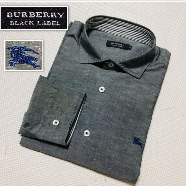 ■リネン混■BURBERRY BLACK LABEL バーバリーブラックレーベル 長袖シャツ ワンポイント刺繍ロゴ size3(L) 三陽商会 グレー ボーダー