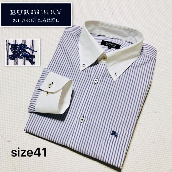 ■美品■BURBERRY BLACK LABEL バーバリーブラックレーベル 長袖ボタンダウンシャツ ストライプ ワンポイントロゴ size41(L) 三陽商会