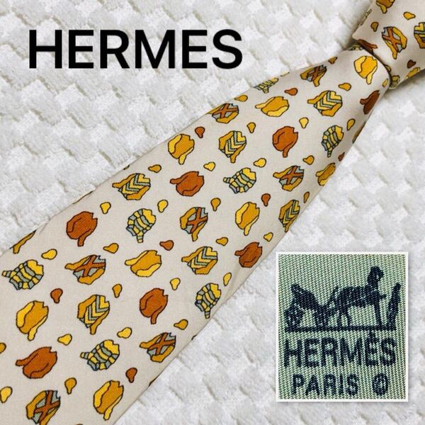HERMES エルメス ネクタイ 騎手の服 総柄 シルク100% フランス製 7513 IA クリームベージュ ビジネス