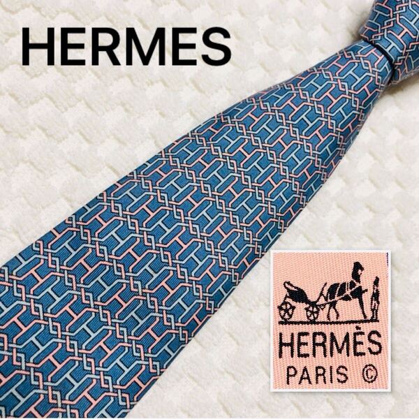 HERMES エルメス ネクタイ 金具 H柄 総柄 シルク100% フランス製 7569 SA くすみブルー