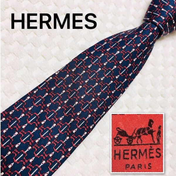 ■表側美品■HERMES エルメス ネクタイ 金具 総柄 シルク100% フランス製 703 OA ネイビー ビジネス