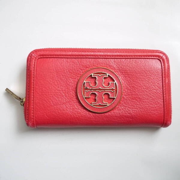 $ 美品 訳あり $ ◆ TORY BURCH ◆ トリーバーチ ◆ ラウンドファスナー 長財布◆ ロゴ入り ラム革 レザー製◆ 赤 ピンクレッド◆ 送料無料