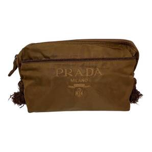 $ 美品 $ 激レア■ プラダ ■ PRADA ■ ロゴ刺繍 フリンジ プレート付き ナイロン製・大きめ ポーチ■ チョコレート■ レトロ ヴィンテージ