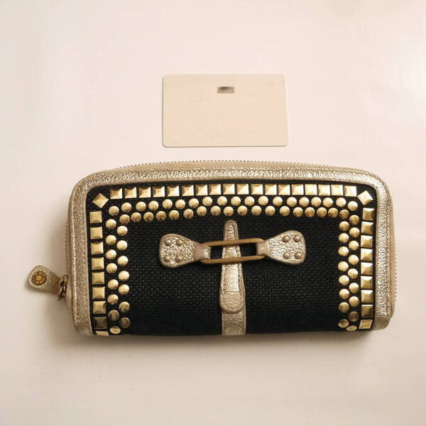 $ 良好品 訳 $ レトロ ◆ JIMMY CHOO ◆ ジミーチュウ◆ スタッズ付き キャンバス & 本革 レザー◆ ラウンドファスナー 長財布◆ ゴールド