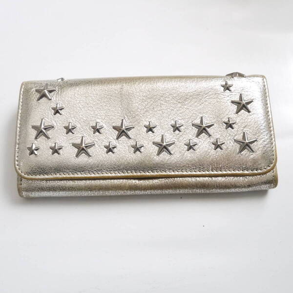 $ 美品 訳あり $ ニノ◆ JIMMY CHOO◆ ジミーチュウ◆ 星 スターモチーフ スタッズ付き 本革 レザー◆ 2つ折り 長財布◆グリッターシルバー