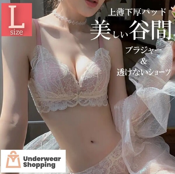 【商品番号12】 極ふわパット 楽ブラ ピンクーL 盛れるノンワイヤー ブラジャーショーツ 下着 上下セット レース セットアップ