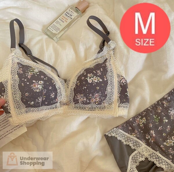 【商品番号60】 パット内蔵 楽ブラ 花柄グレーM ノンワイヤー ブラジャーショーツセット 下着 ナイトブラ 脇高 補正