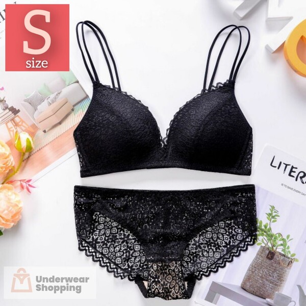 【商品番号15】 ダブルストラップ 楽ブラ レースブラックS ノンワイヤー ブラジャーショーツセット 下着 レース セットアップ