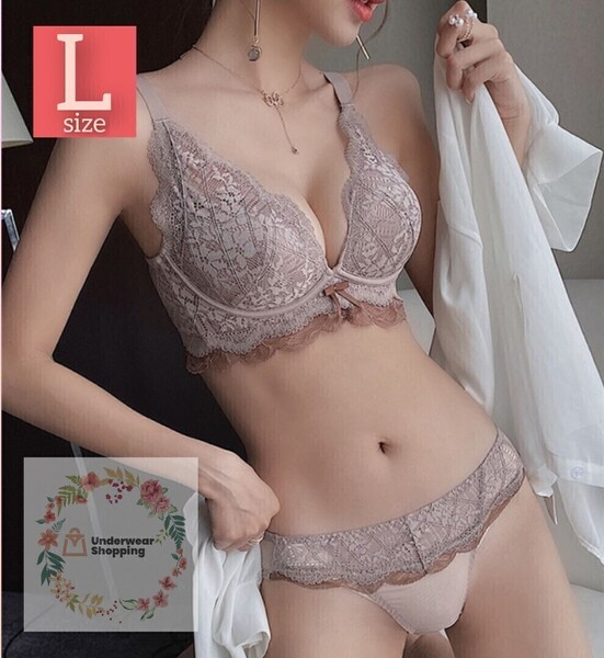 【商品番号】 楽ブラ 盛りブラ モカベージュL 盛れるノンワイヤー ブラジャーショーツセット レース ショーツセット 脇高 補正ブラ