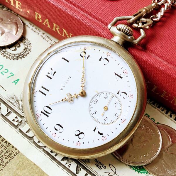 #3647【シックでお洒落】懐中時計 エルジン ELGIN 機械式 手巻き 動作品 アンティーク ヴィンテージ シルバー 1913年 メンズ 16s 7石 銀色