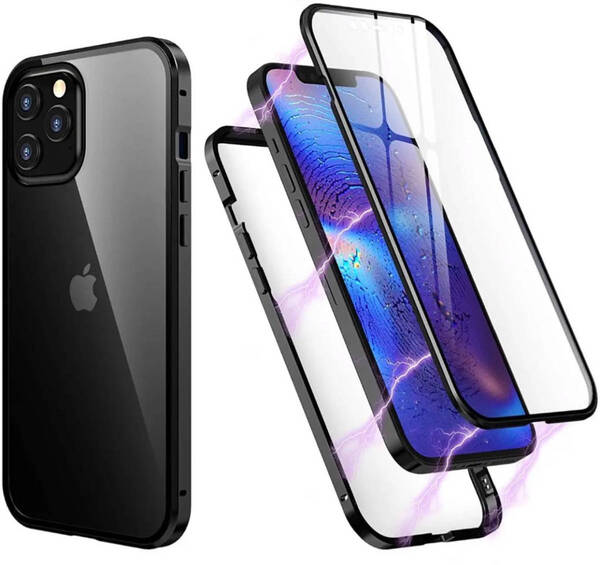 iPhone 12/12Pro ブラック 両面強化ガラス 全面保護 アルミ合金 磁気吸着 耐衝撃 iPhone7/8/SE2/SE3/X/XS/XR/XSMAX/7Plus/8Plus ケース