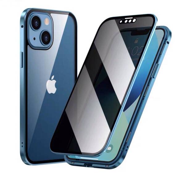 iPhone 13 ブルー 覗き見防止 両面強化ガラス 全面保護 アルミ金属 磁気吸着 耐衝撃 iPhone8 X 11 12 13 14 15 Pro max mini Plus ケース