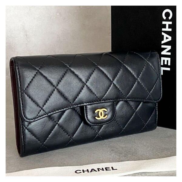 CHANEL シャネル マトラッセ 三つ折り財布 ラムスキン ゴールド金具 ブラックシリアルシールあり フラップボタン ボルドー